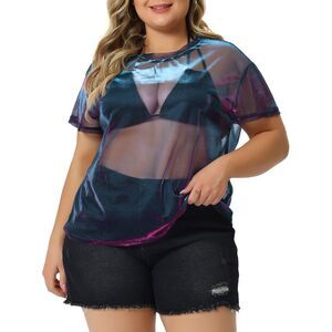 Plus Size T-shirt Sheer Mesh Holographic Drop Shoulder Top Black Purple